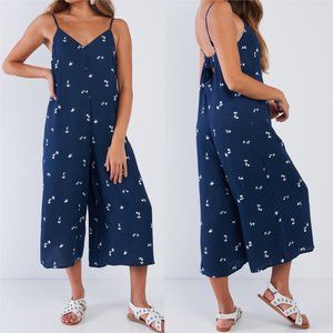Relaxed Fit Wide Leg Brush Stroke Jumpsuit Navy